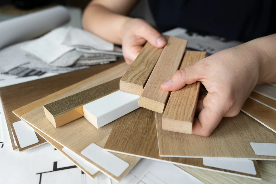Chantier extérieur de construction d'une terrasse en bois dans jardin résidentiel clôturé
