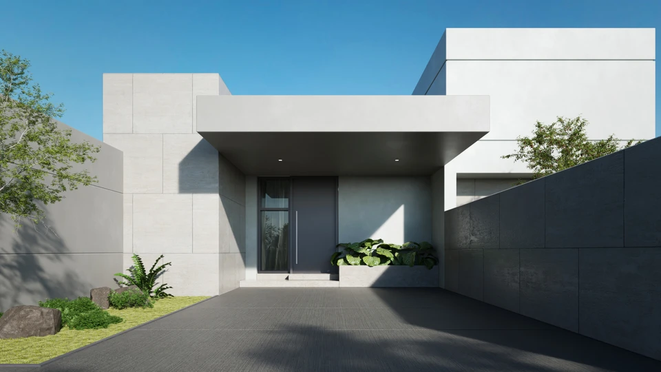 Allée d'entrée moderne pavée en pierre naturelle ou béton désactivé, conduisant vers l'entrée principale d'une maison contemporaine. La perspective doit montrer la profondeur de l'allée depuis le portail ou de la rue jusqu'à la porte d'entrée. Les côtés de l'allée peuvent être bordés de plantations paysagères discrètes ou d'éléments de clôture. L'atmosphère doit être soignée et haut de gamme, reflétant la qualité d'un aménagement professionnel d'accès extérieur. La maison doit être visible en arrière-plan mais l'allée doit être l'élément dominant de la composition.