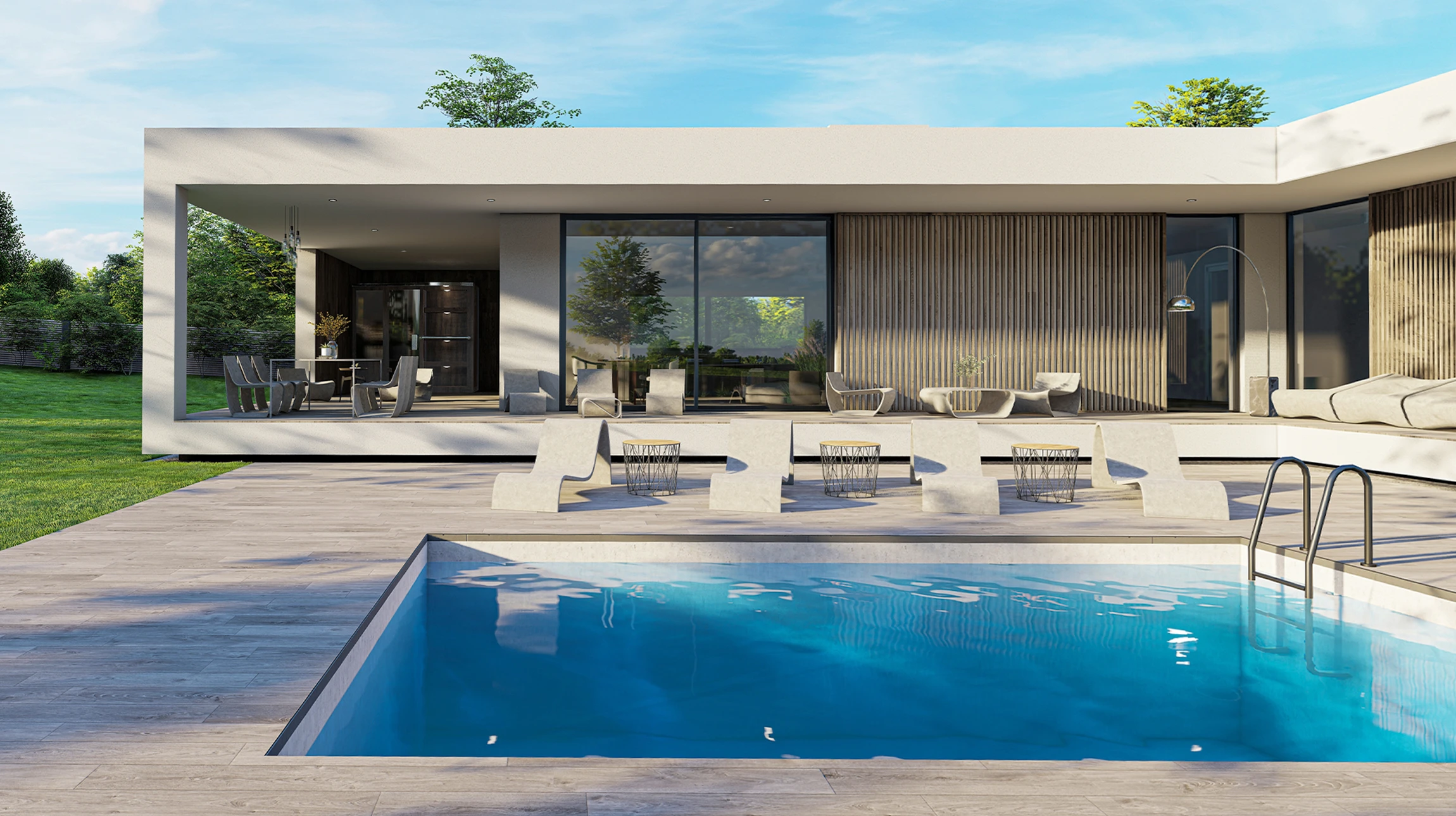 Terrasse couverte moderne avec cheminée extérieure encastrée dans mur en pierre naturelle