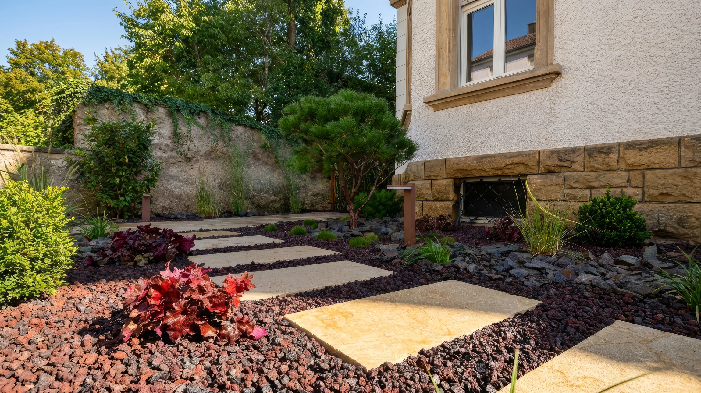 Allée de jardin pavée en briques avec motif en chevrons, bordée de pelouse verte et plantations paysagères variées