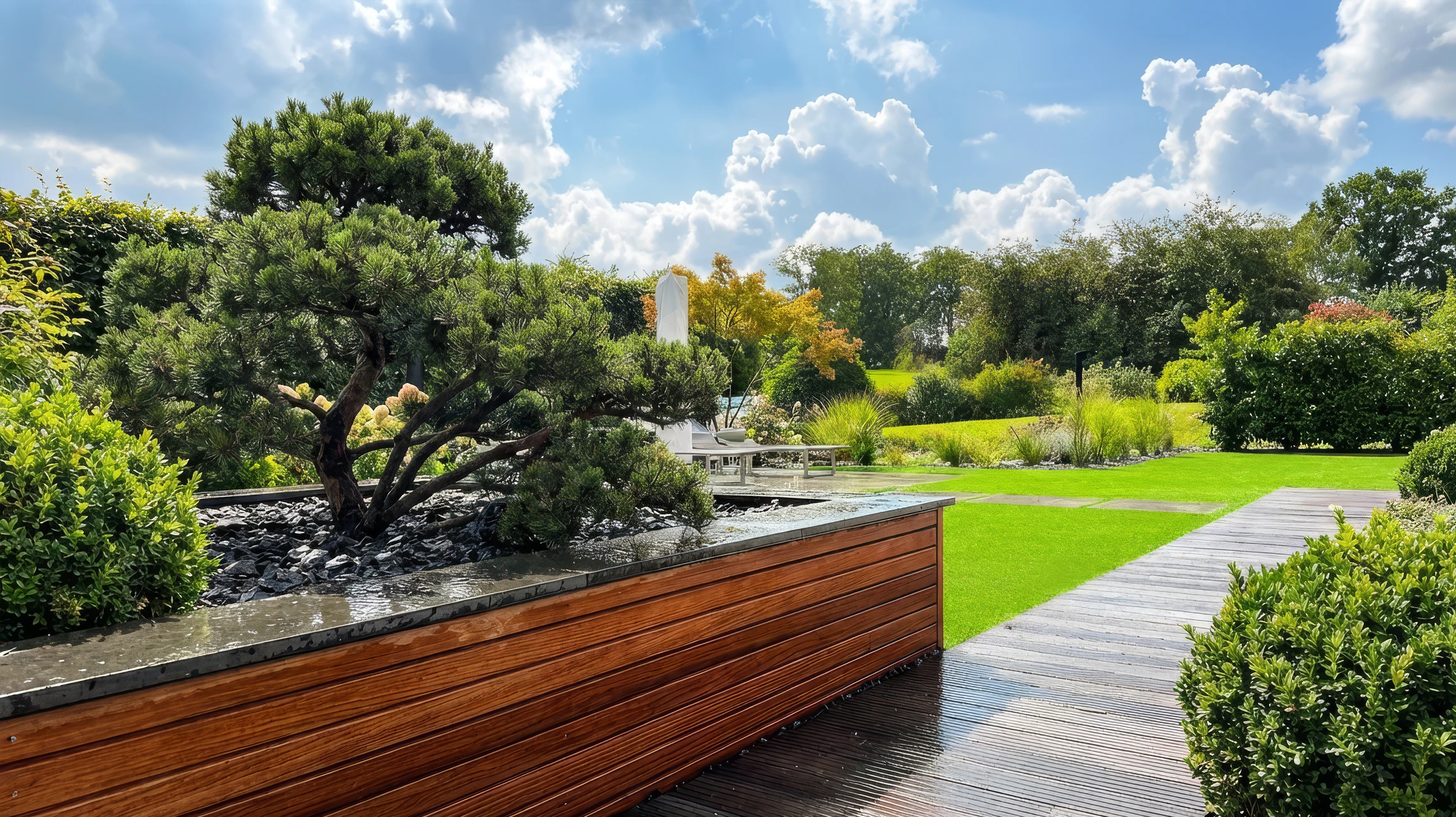 Terrasse extérieure avec plancher en bois exotique à lames étroites, structure surélevée sur lambourdes