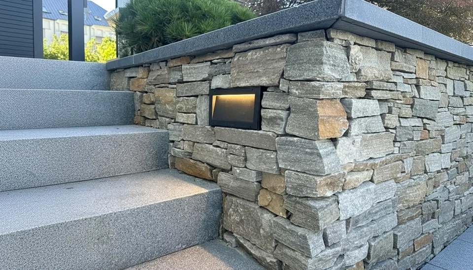 Scène extérieure résidentielle avec clôture moderne combinant gabions métalliques remplis de pierres grises et panneaux bois horizontaux