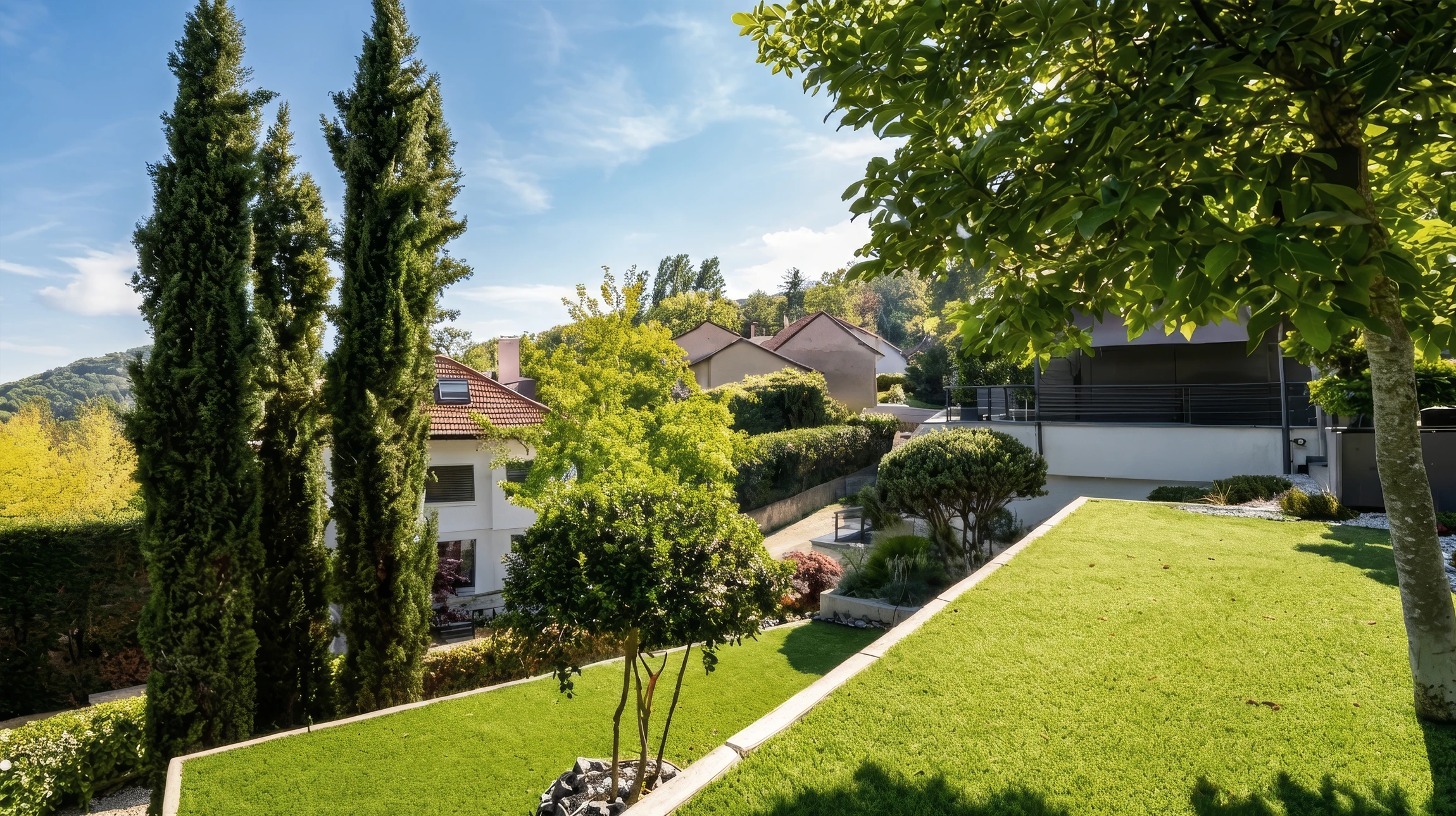 Une photographie réaliste en haute résolution d'une terrasse extérieure et d'un jardin aménagé de haut standing. La scène montre un patio en dallage ou en bois exotique, bien entretenu et élégamment conçu, adjacent à des plantations paysagères soignées avec arbustes et fleurs. Au premier plan, un plan ou des documents techniques (plans d'aménagement, carnets d'esquisses) partiellement visibles sur une surface de travail ou un tabouret, suggérant la phase de conception et de personnalisation. L'ambiance doit refléter le luxe, la qualité de finition et le caractère haut de gamme des réalisations de MR CRÉATION. Lumière naturelle généreuse. Pas de personnes.